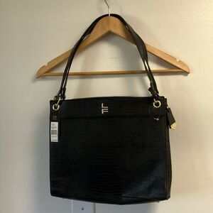 Black Structured Shoulder Bag with Gold Hardware